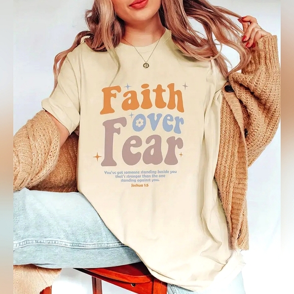Faith Over Fear Joshua 1:5 Bible T-shirt, Short Sleeve Crew Neck super soft - Picture 1 of 5